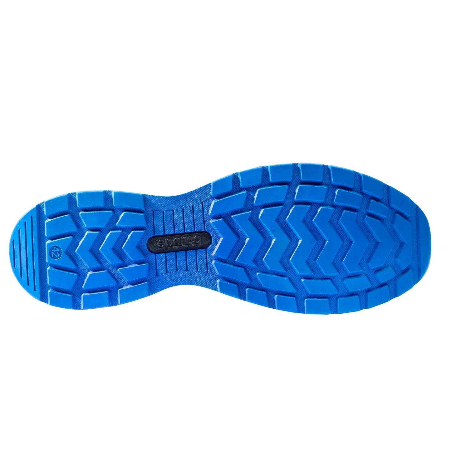 Sole of SCARPA BASSA SUZUKA S1P with blue rubber tread pattern for enhanced grip and flexibility.