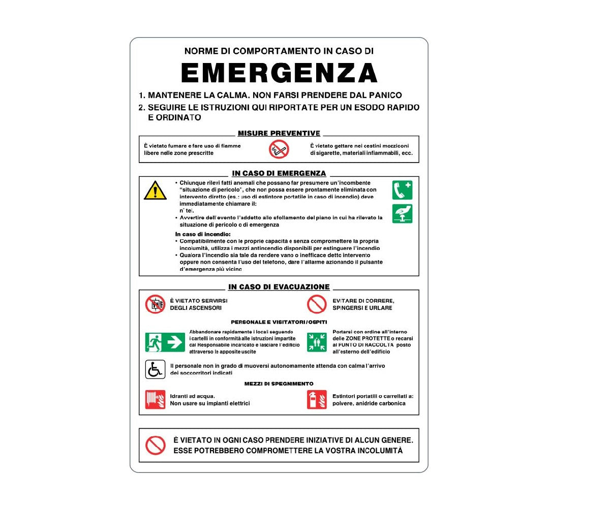 ALUMINUM SIGN 333X500 - RULES IN CASE OF EMERGENCY