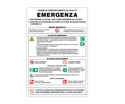 ALUMINUM SIGN 333X500 - RULES IN CASE OF EMERGENCY