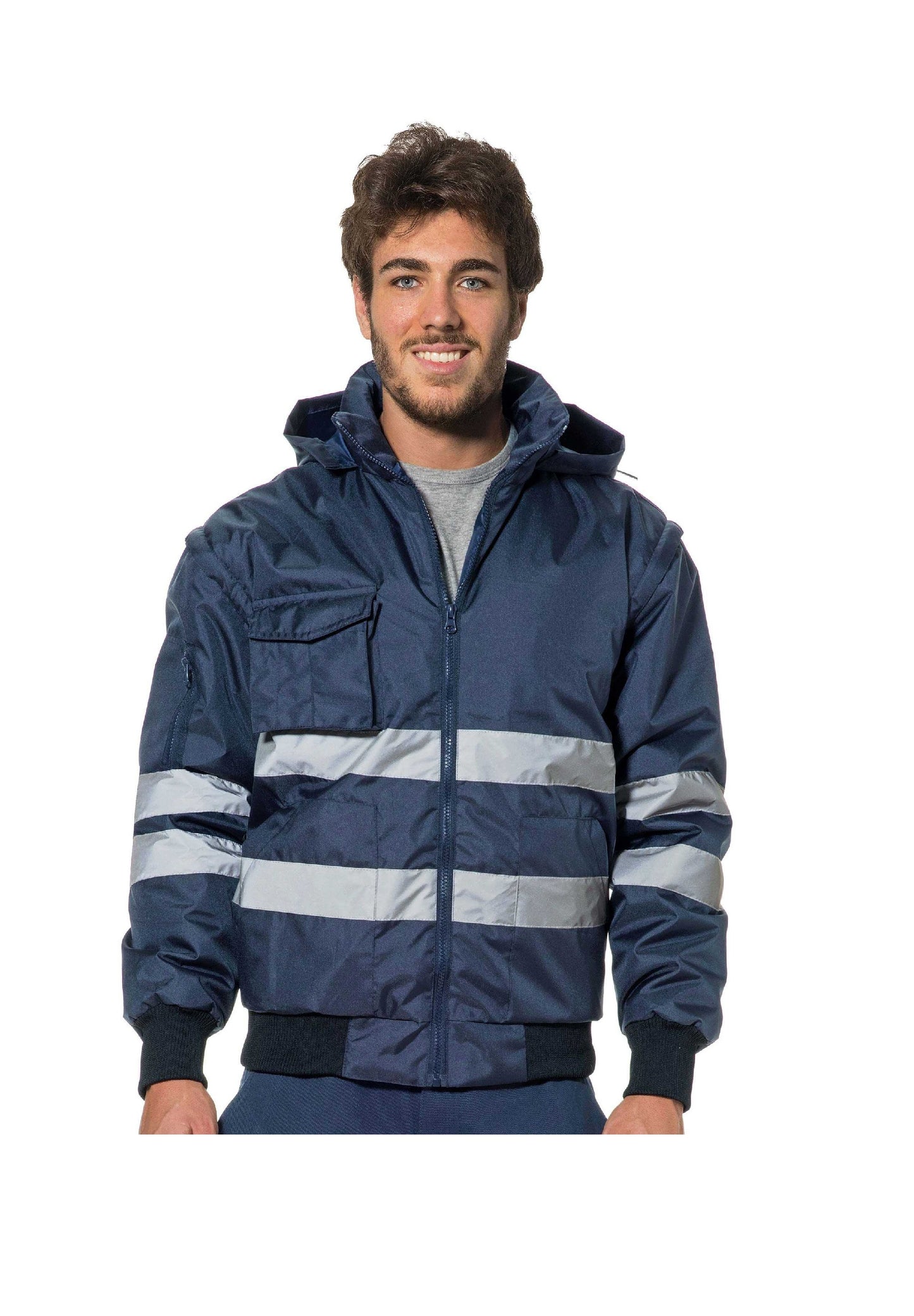 BLUE BOMBER JACKET WITH DETACHABLE BANDS AND SLEEVES